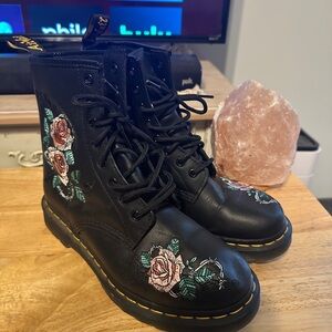 Dr. Martens Floral Embroidered Black Combat Boots, size 8